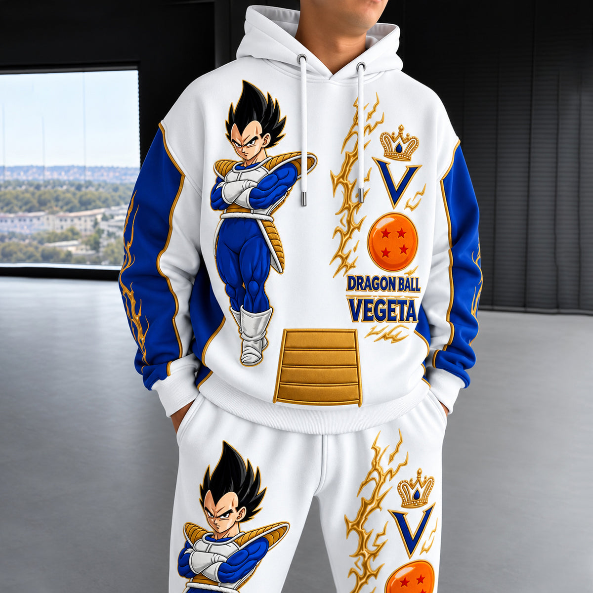 Anime Warrior Hoodie & Sweatpants Set – Blue White Lightning Graphic Tracksuit