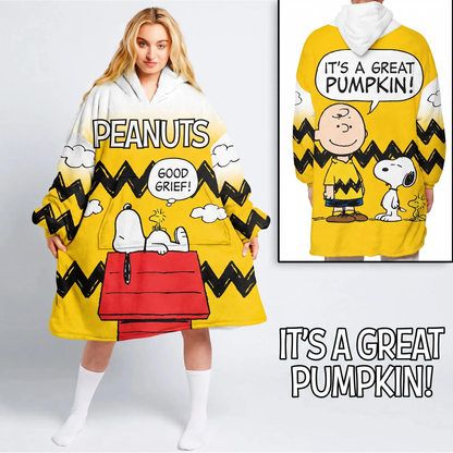 Cute Cartoon Dog & Friends Hoodie Blanket – Yellow Oversized Wearable Blanket