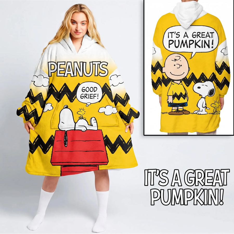 Cute Cartoon Dog & Friends Hoodie Blanket – Yellow Oversized Wearable Blanket
