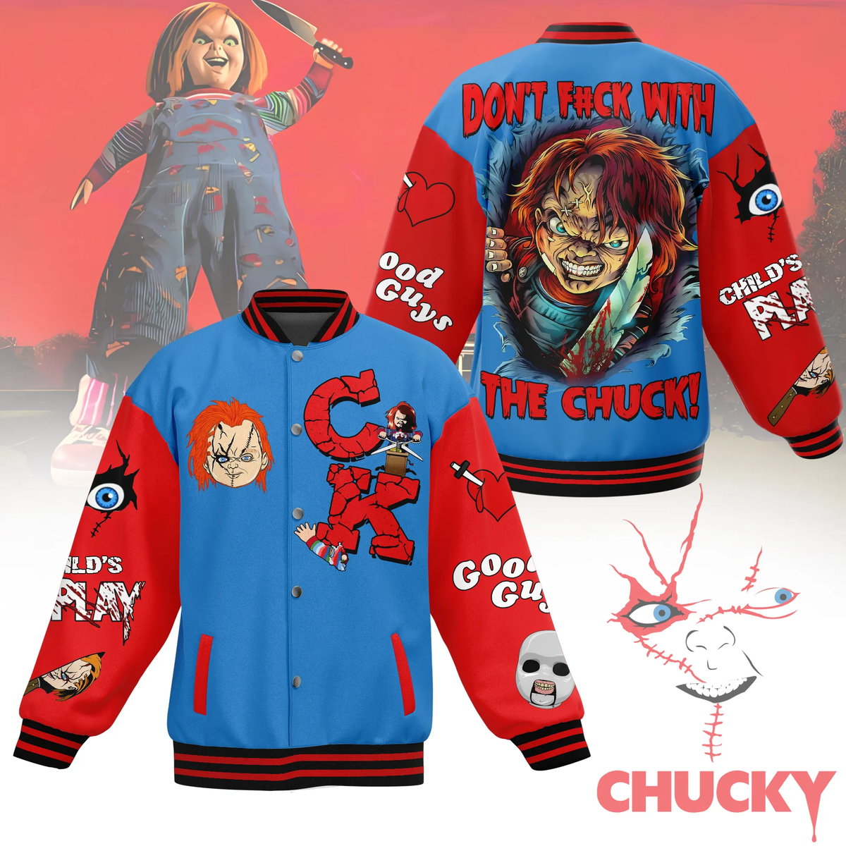 Killer Doll Horror Varsity Jacket – Creepy Red Hair Doll Graphic Baseball Jacket