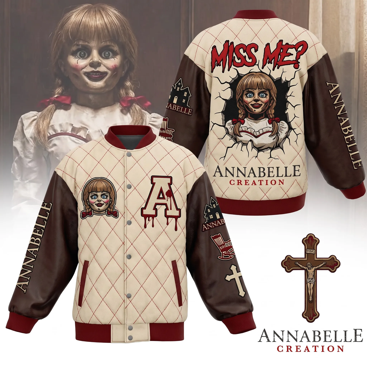 Haunted Doll Horror Varsity Jacket – Creepy Possessed Doll Graphic Baseball Jacket