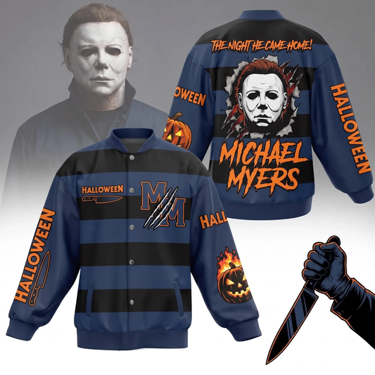 Masked Slasher Horror Varsity Jacket – Halloween Killer Graphic Baseball Jacket
