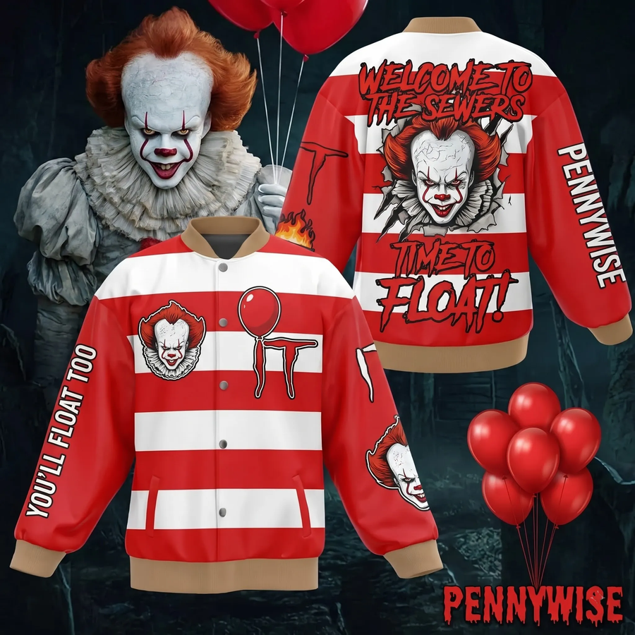 Scary Sewer Clown Horror Varsity Jacket – Red Balloon Killer Graphic Baseball Jacket