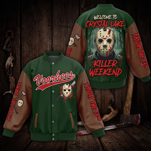 Hockey Mask Killer Horror Varsity Jacket – Camp Slasher Graphic Baseball Jacket