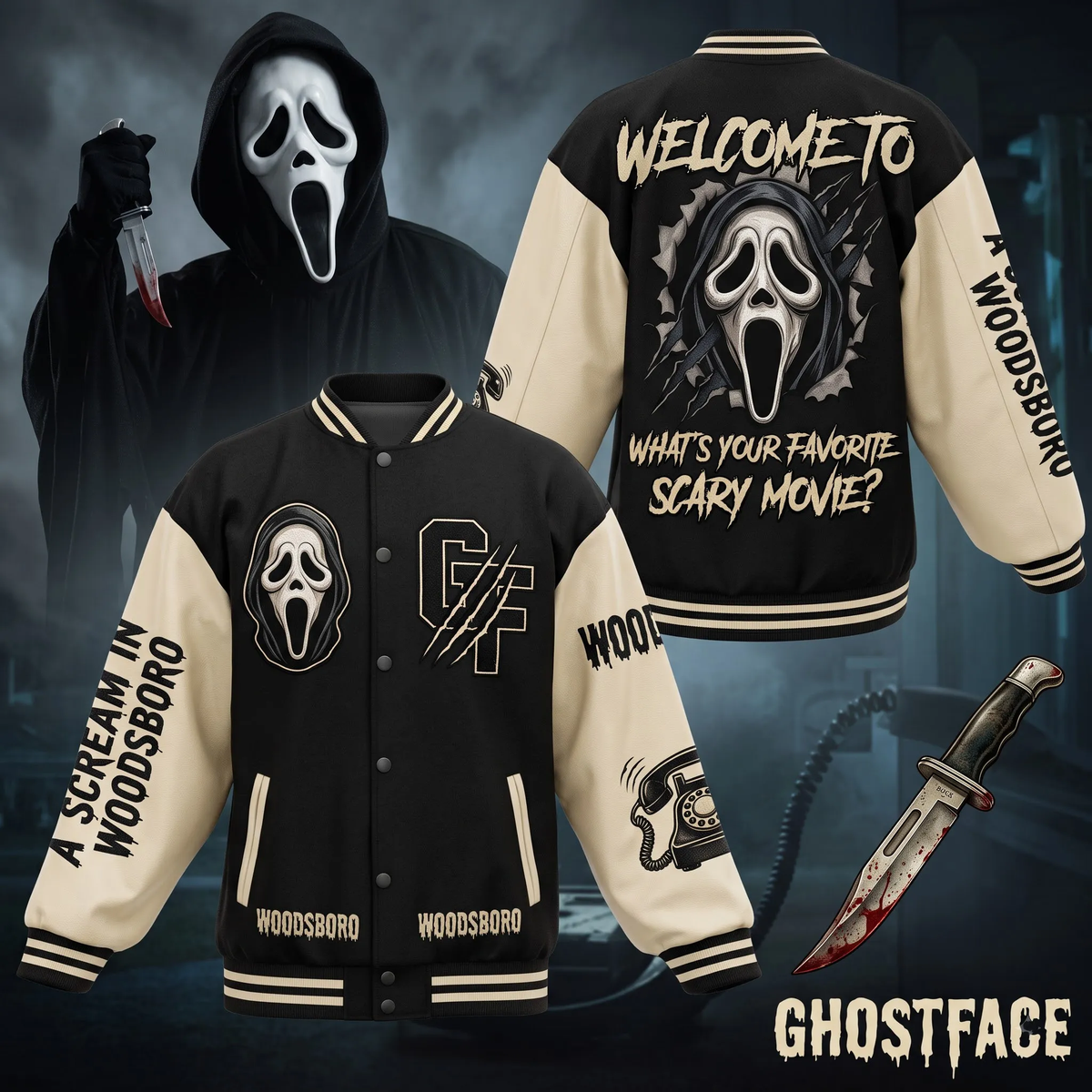 Screaming Mask Horror Varsity Jacket – Scary Movie Killer Graphic Baseball Jacket