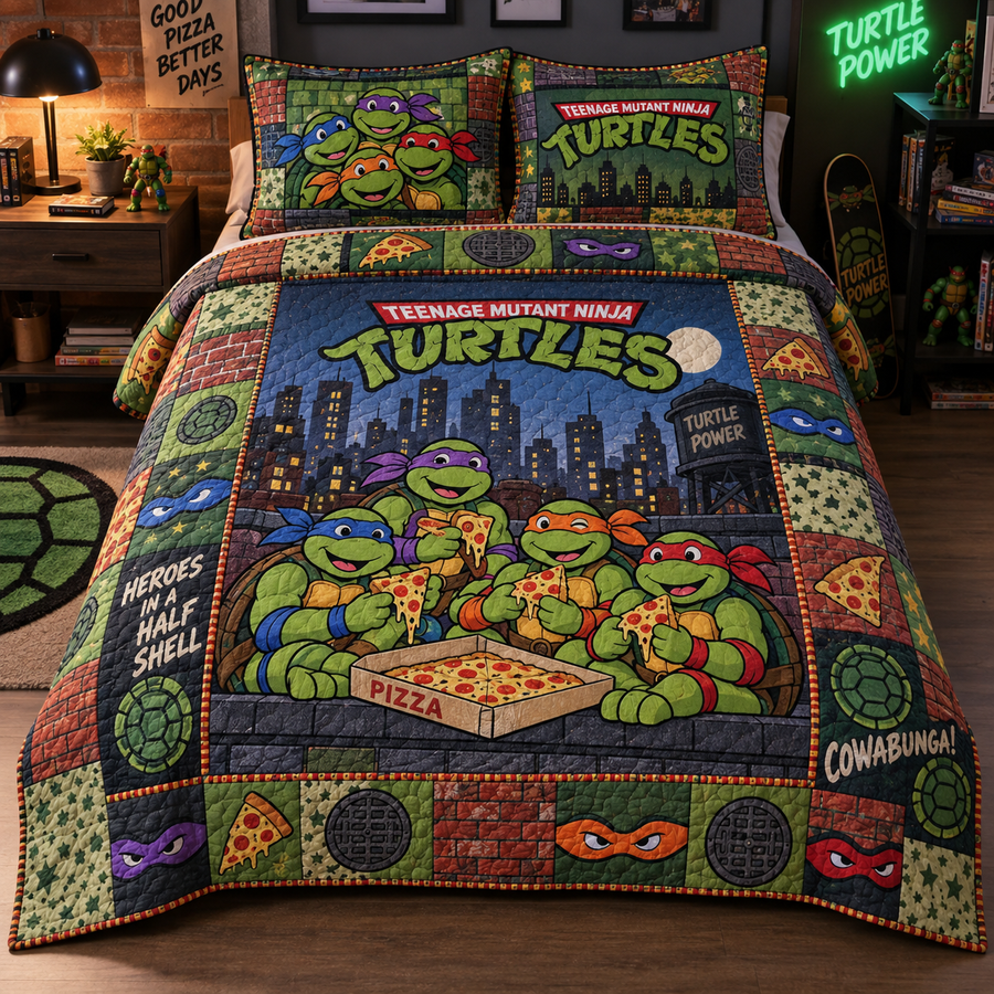 TMNT Pizza-Loving Heroes Quilt Bedding Set – Retro Comic Bedroom Decor