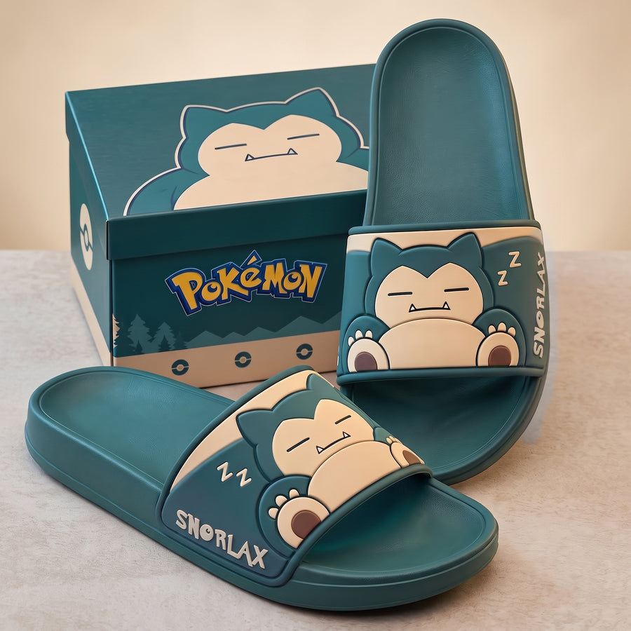 Sleepy Monster Leather Sandals – Teal Relaxing Cartoon Slide Sandals