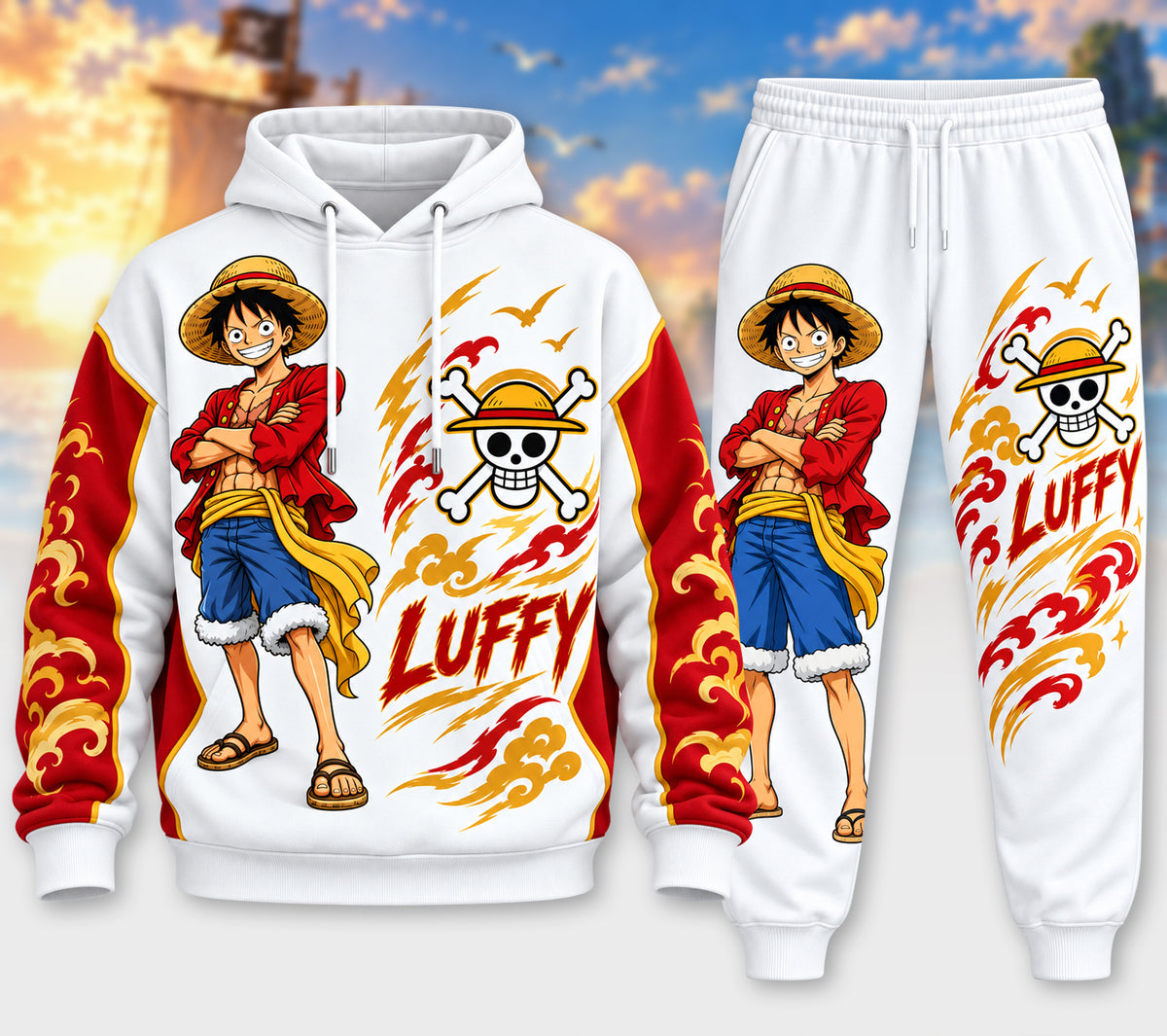 Straw Hat Adventure Hoodie & Sweatpants Set – Anime Pirate Tracksuit Outfit