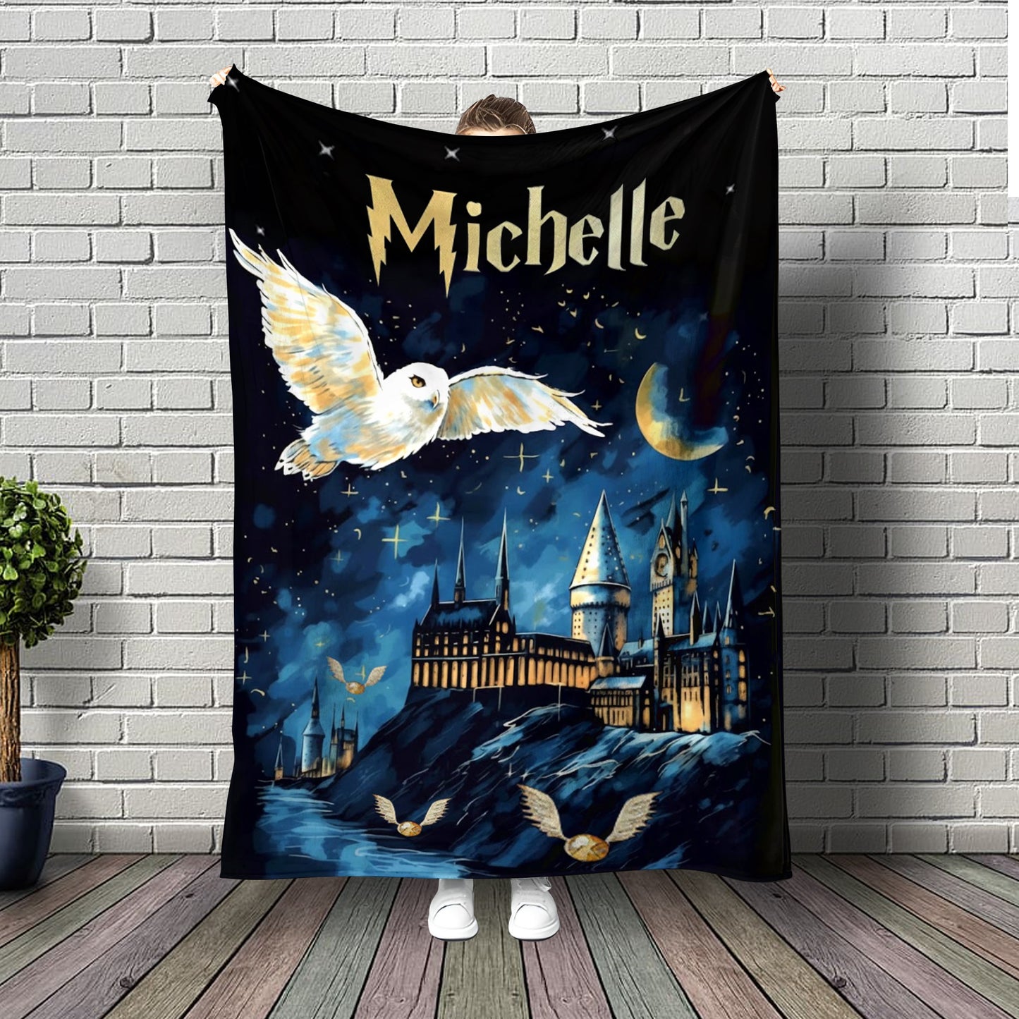 Personalized Magic Owl Castle Blanket – Custom Name Fantasy Night Sky Cozy Throw