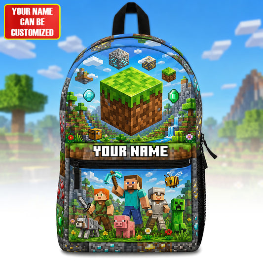 Block Adventure Backpack with Custom Name – Gamer Gift for Kids