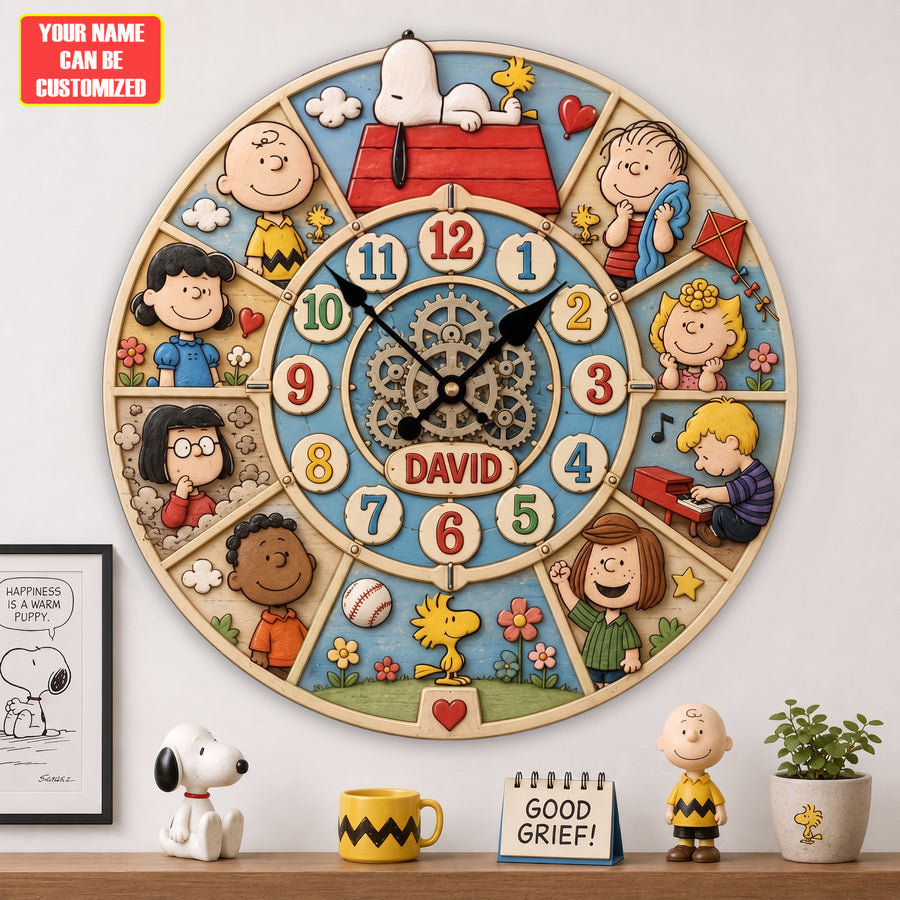 Personalized Classic Comic Friends Wall Clock – Custom Name Puppy & Bird Decor