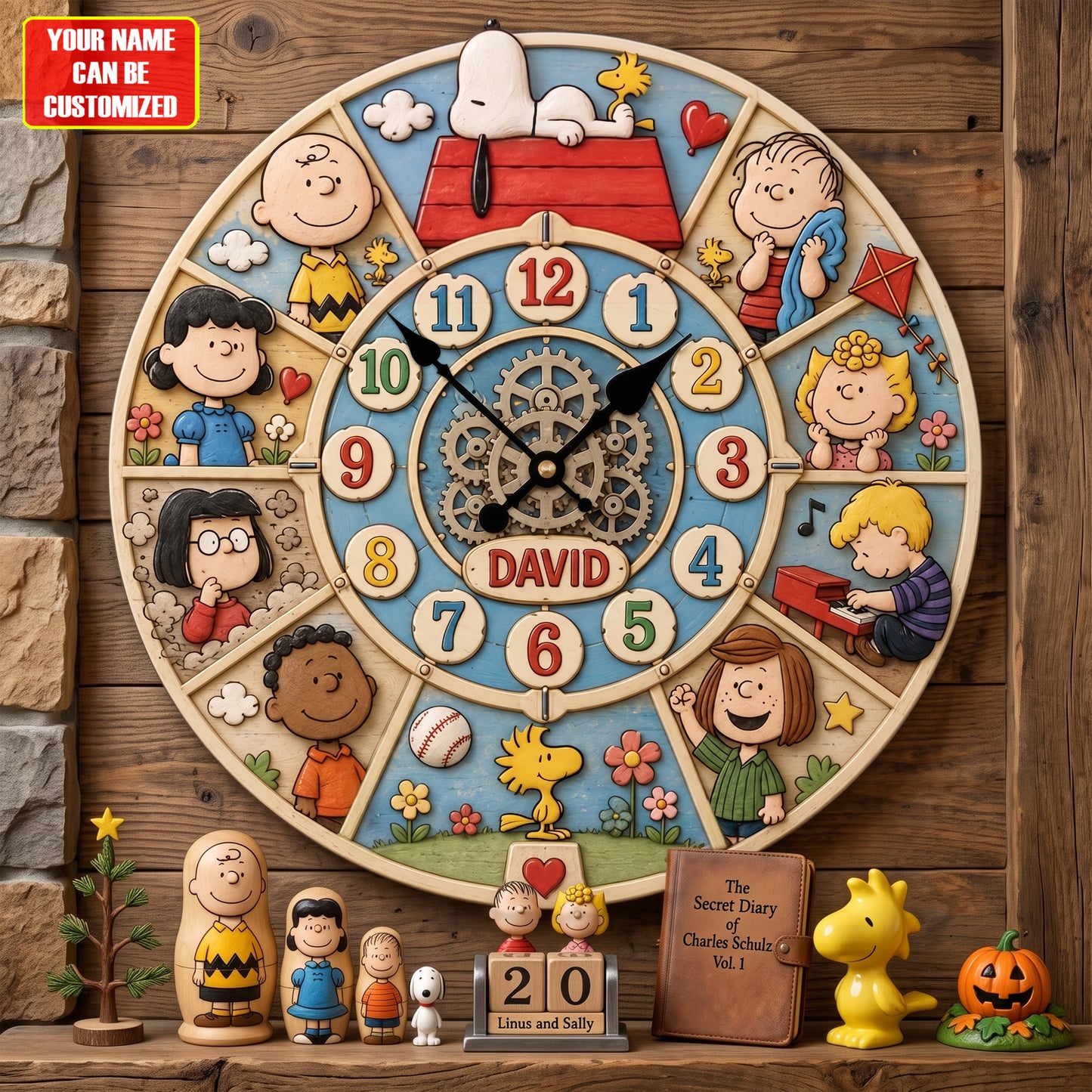 Personalized Classic Comic Friends Wall Clock – Custom Name Puppy & Bird Decor