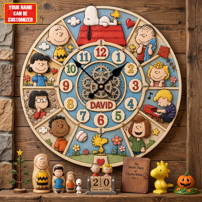 Personalized Classic Comic Friends Wall Clock – Custom Name Puppy & Bird Decor