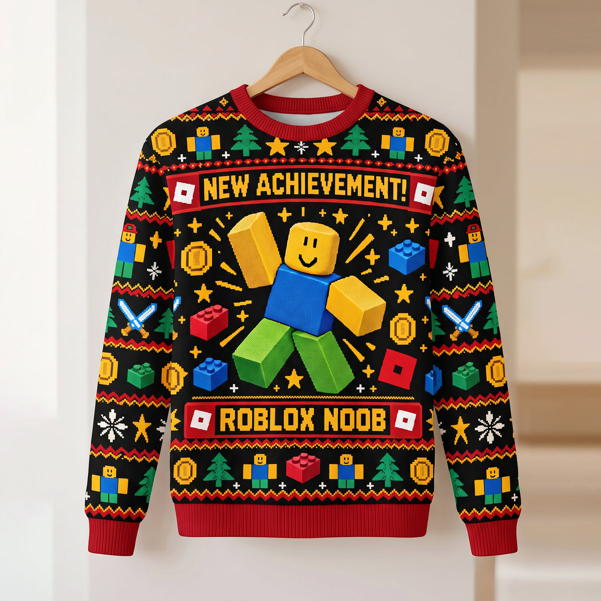 Retro Blocky Gamer Ugly Christmas Sweater – Festive Noob Gaming Holiday Sweater