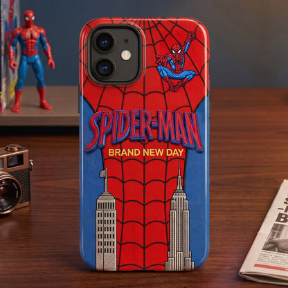 Spider City Hero Phone Case – Red & Blue Skyline Design