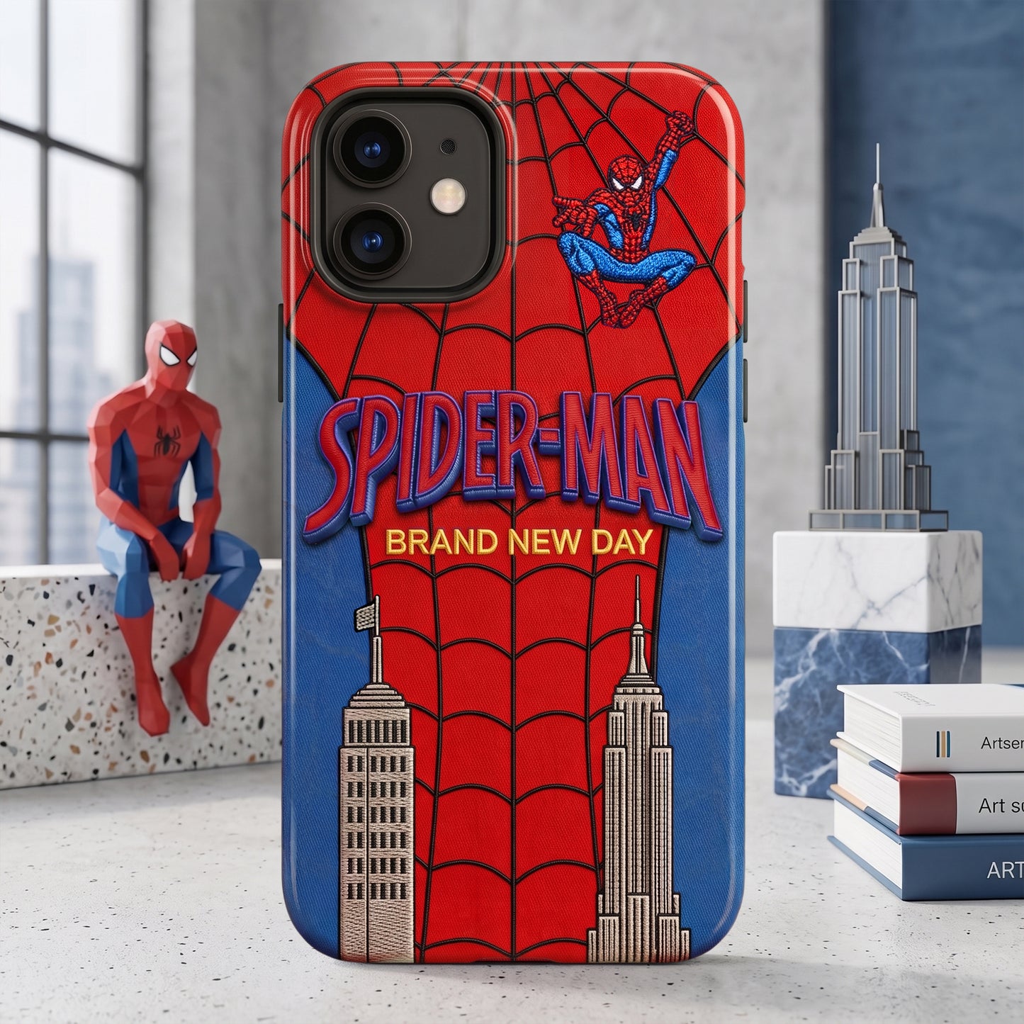 Spider City Hero Phone Case – Red & Blue Skyline Design