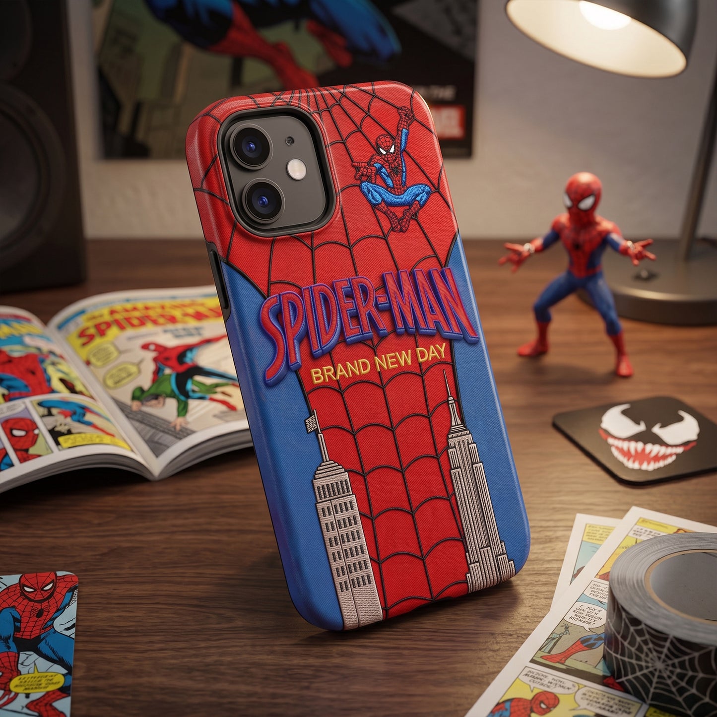 Spider City Hero Phone Case – Red & Blue Skyline Design