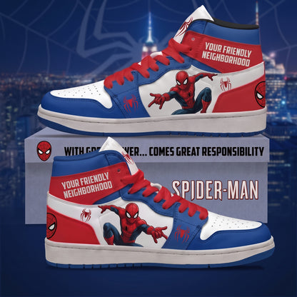 Friendly Spider Hero AJ1 High Top Sneakers – Red Blue Superhero Fan Shoes