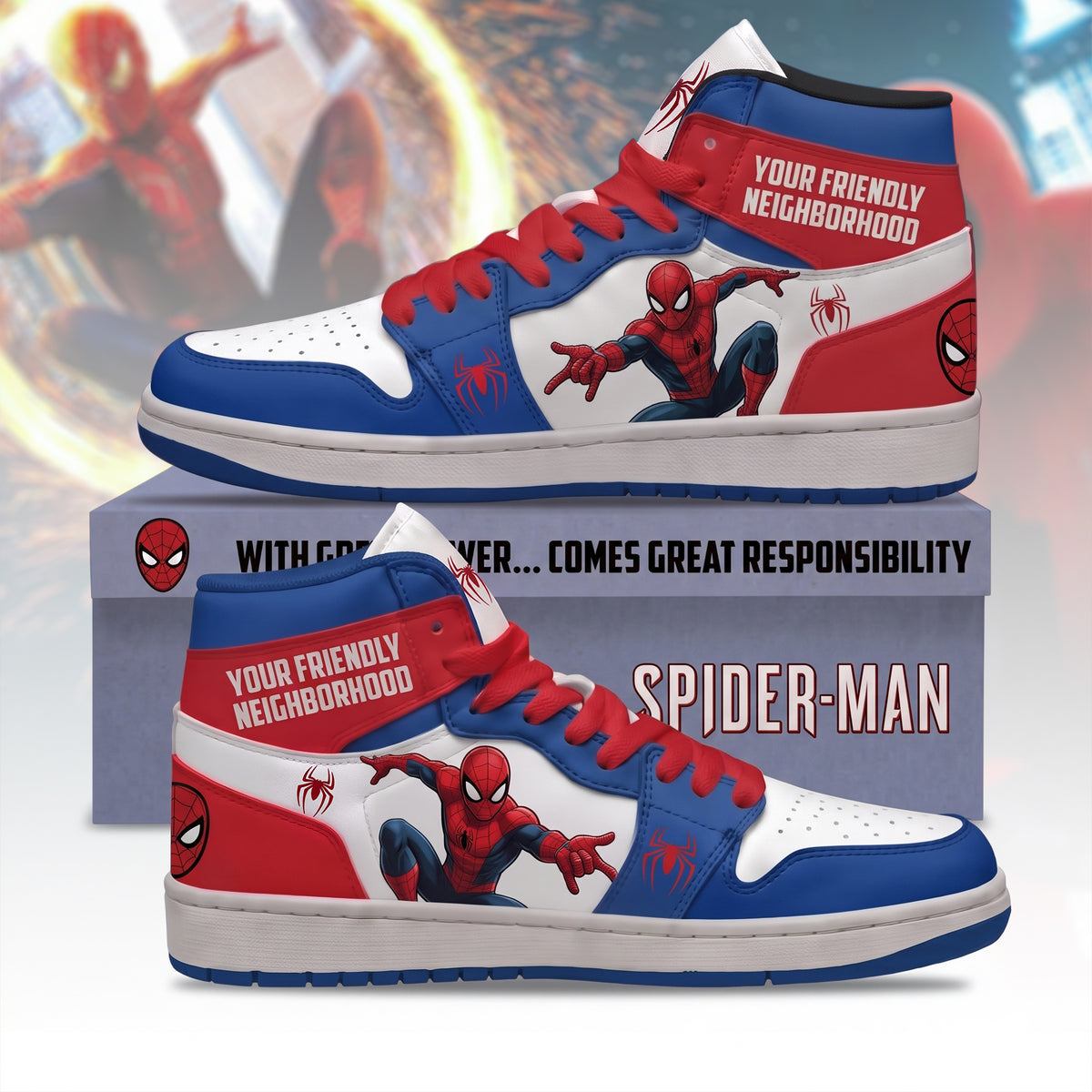 Friendly Spider Hero AJ1 High Top Sneakers – Red Blue Superhero Fan Shoes