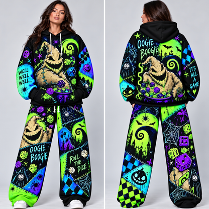 Neon Mischief Dice Night Hoodie & Lounge Pants Set – Spooky Patchwork Halloween Tracksuit