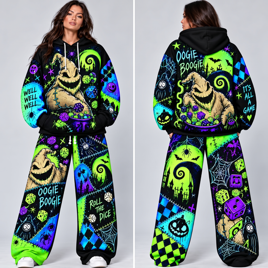 Neon Mischief Dice Night Hoodie & Lounge Pants Set – Spooky Patchwork Halloween Tracksuit
