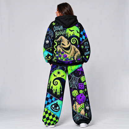 Neon Mischief Dice Night Hoodie & Lounge Pants Set – Spooky Patchwork Halloween Tracksuit