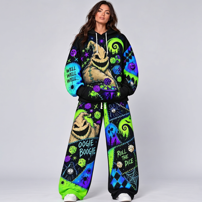 Neon Mischief Dice Night Hoodie & Lounge Pants Set – Spooky Patchwork Halloween Tracksuit
