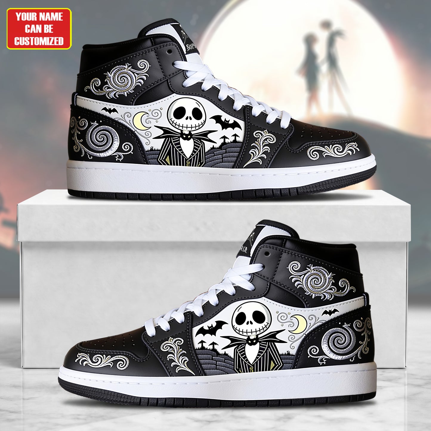Gothic Halloween AJ1 High Custom Sneaker - Custom Name Gift for Spooky Romance