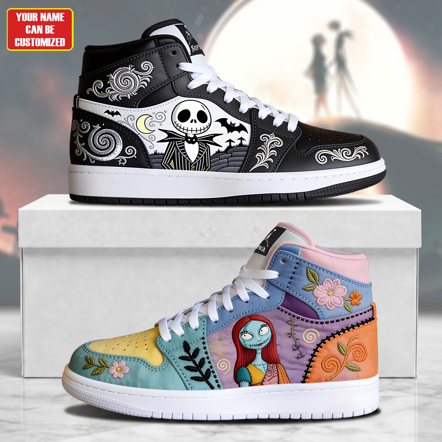 Gothic Halloween AJ1 High Custom Sneaker - Custom Name Gift for Spooky Romance