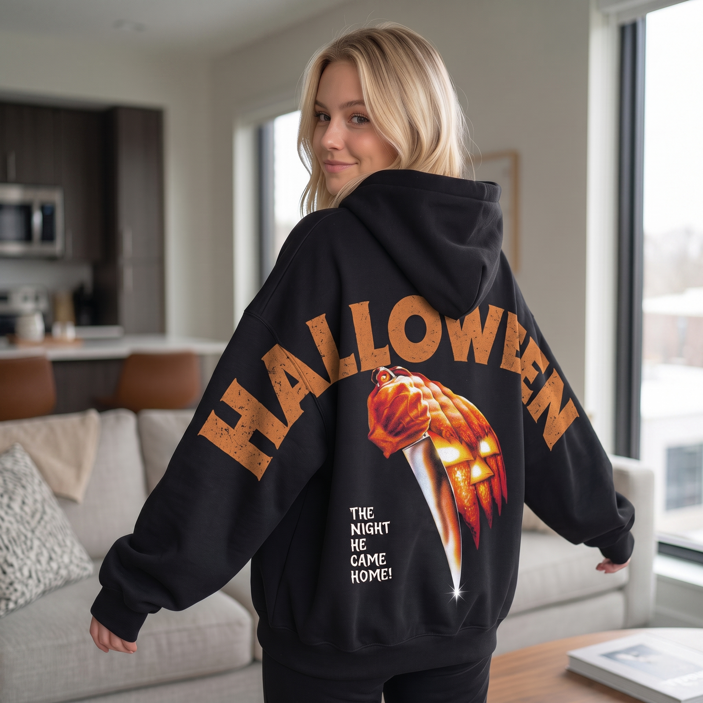 Halloween Night Slasher Hoodie – Vintage Horror Pumpkin Graphic Hoodie