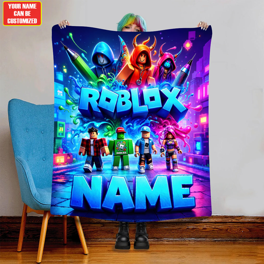 Block Avatar Adventure Blanket – Custom Name Gamer Gift