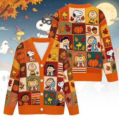 Autumn Patchwork Friends Cardigan – Cozy Harvest Cartoon Sweater