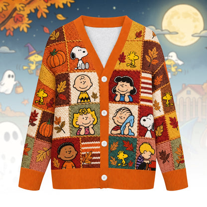 Autumn Patchwork Friends Cardigan – Cozy Harvest Cartoon Sweater