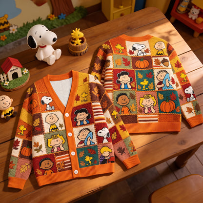 Autumn Patchwork Friends Cardigan – Cozy Harvest Cartoon Sweater
