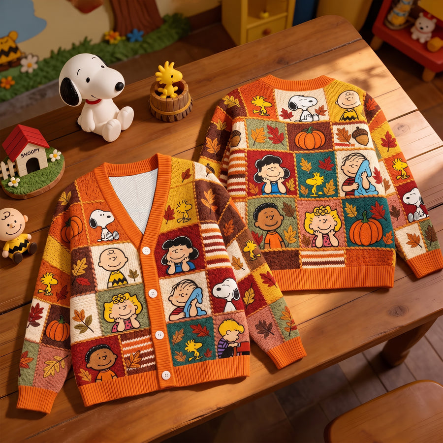 Autumn Patchwork Friends Cardigan – Cozy Harvest Cartoon Sweater