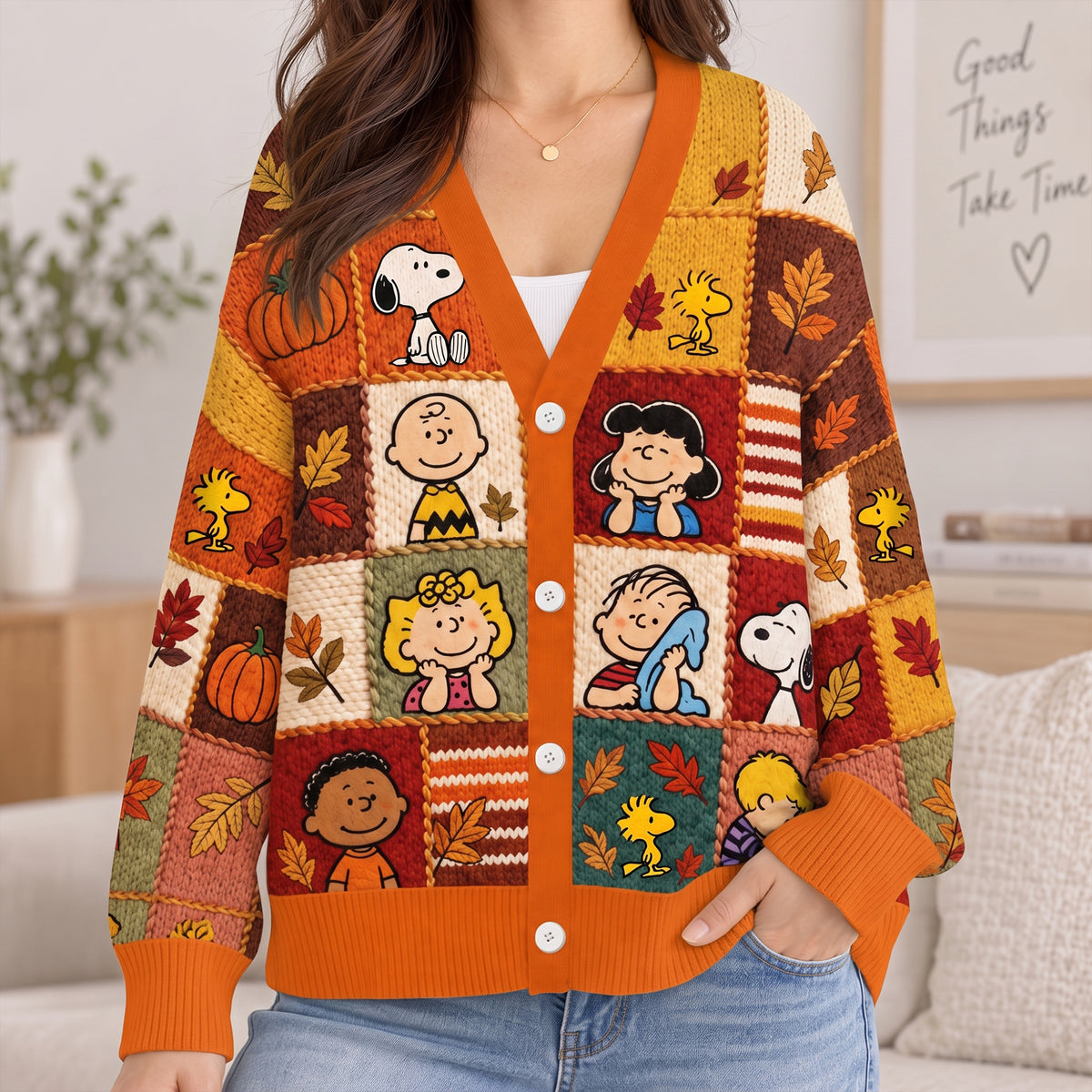 Autumn Patchwork Friends Cardigan – Cozy Harvest Cartoon Sweater