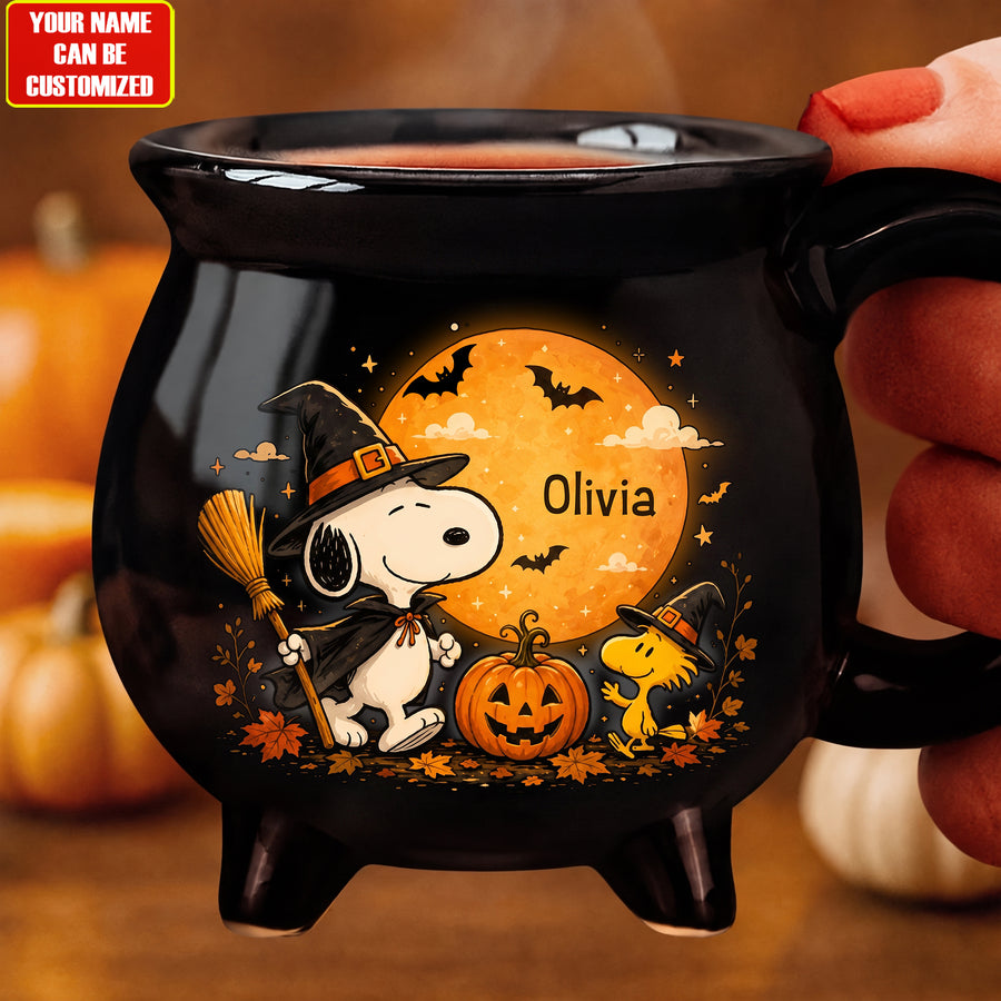 Witch Puppy Cauldron Coffee Mug – Custom Name Halloween Gift