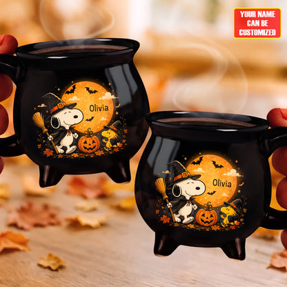 Witch Puppy Cauldron Coffee Mug – Custom Name Halloween Gift
