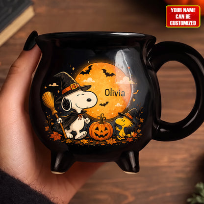 Witch Puppy Cauldron Coffee Mug – Custom Name Halloween Gift
