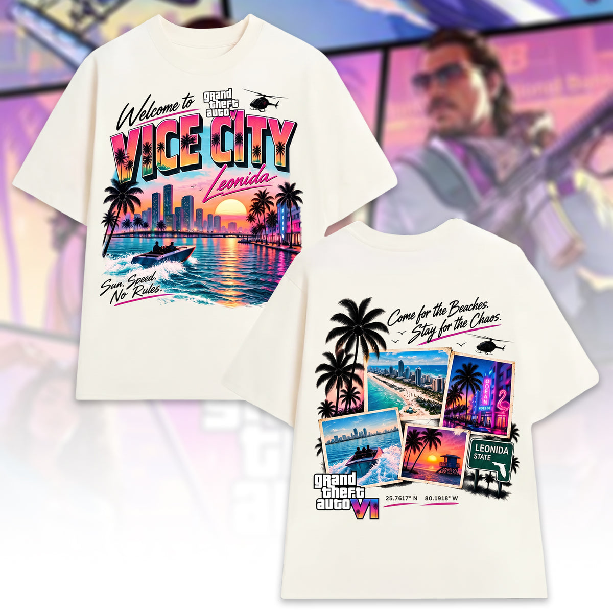 Neon Coastal Chaos T-Shirt – Retro Crime City Sunset Graphic Tee