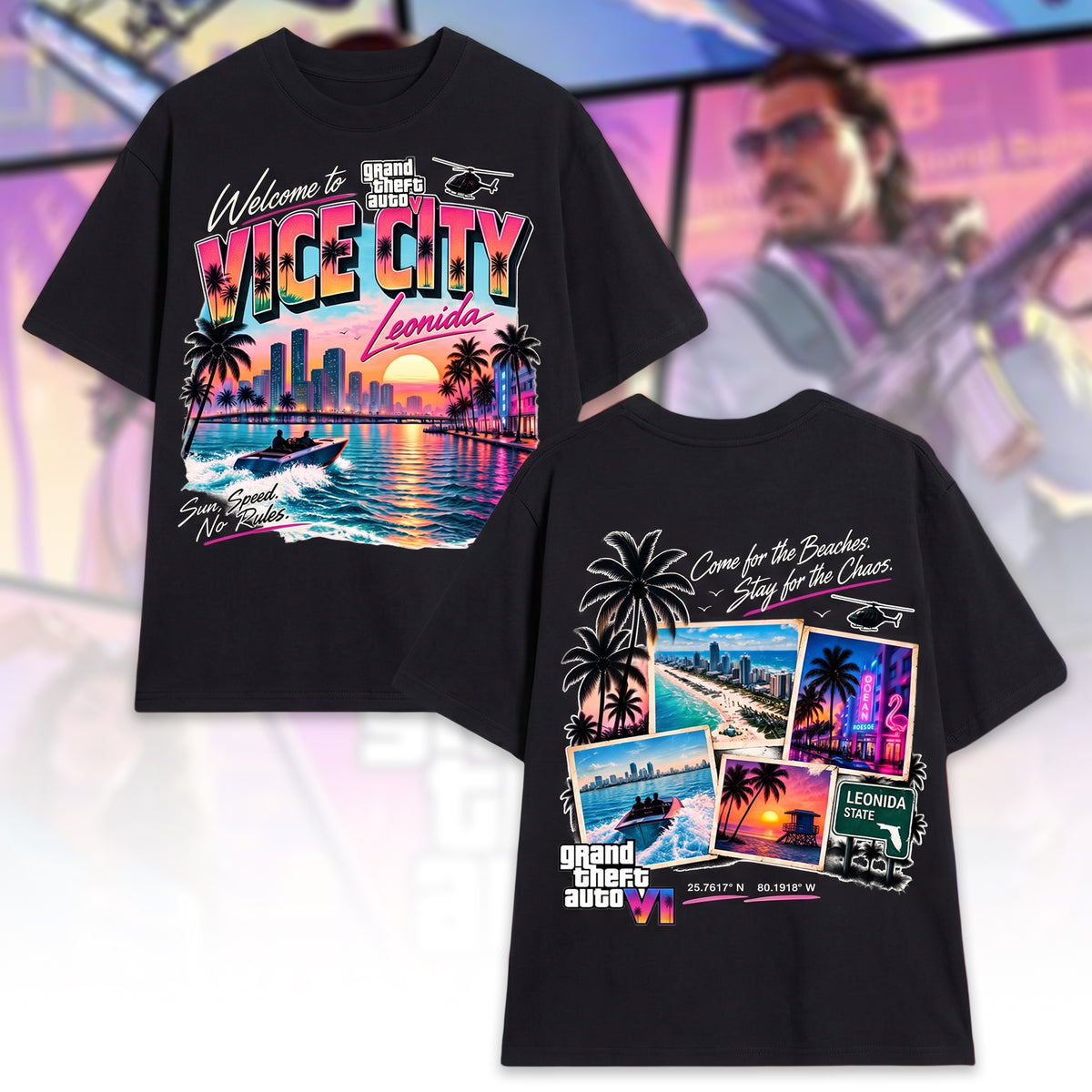 Neon Coastal Chaos T-Shirt – Retro Crime City Sunset Graphic Tee