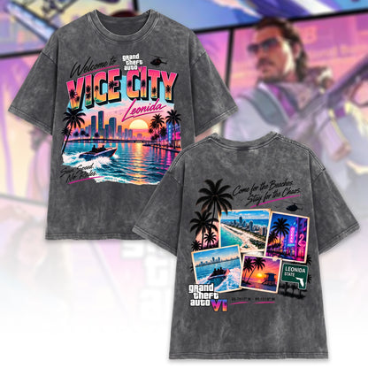 Neon Coastal Chaos T-Shirt – Retro Crime City Sunset Graphic Tee