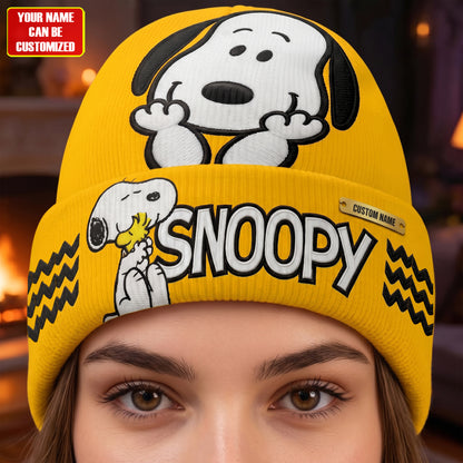 Playful Puppy & Little Bird Personalized Beanie – Cozy Cartoon Winter Knit Hat