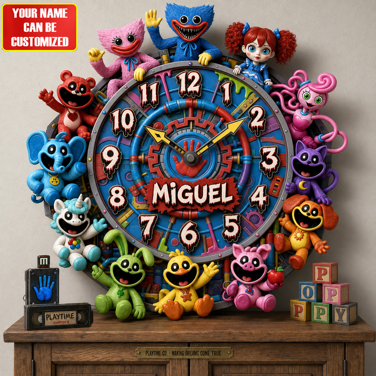 Creepy Toy Factory Wall Clock – Custom Name Horror Game Room Decor