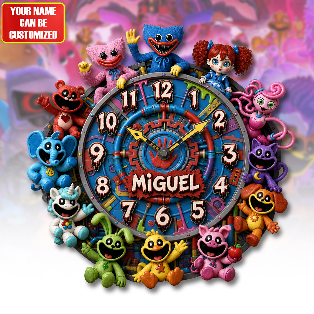 Creepy Toy Factory Wall Clock – Custom Name Horror Game Room Decor