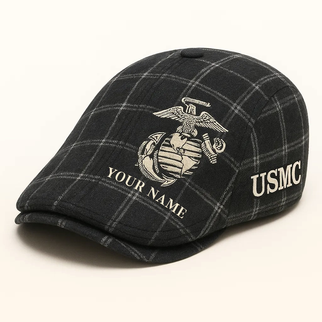 Personalized USMC Flat Cap, Custom Name 250th Anniversary Veteran Hat