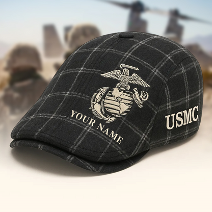 Personalized USMC Flat Cap, Custom Name 250th Anniversary Veteran Hat