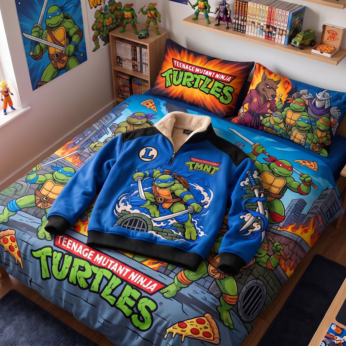 Blue Twin Blade Warrior Quarter Zip – Retro Sewer Ninja Fleece Sweatshirt