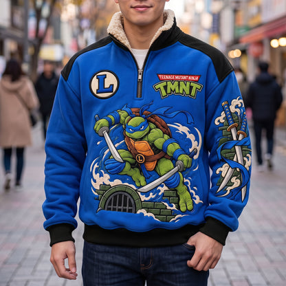 Blue Twin Blade Warrior Quarter Zip – Retro Sewer Ninja Fleece Sweatshirt