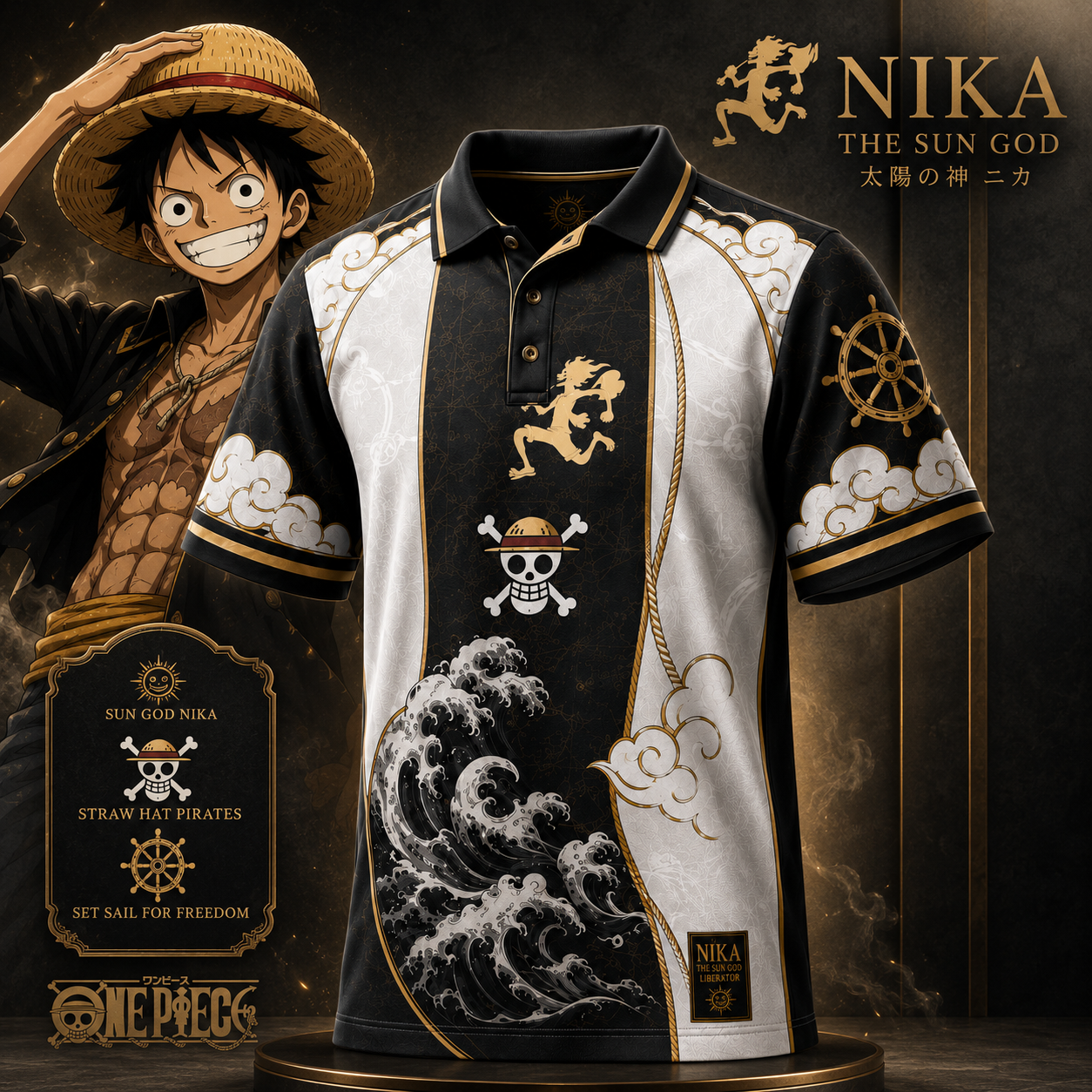 Sun God Pirate Polo Shirt – Black Gold Anime Fan Gift